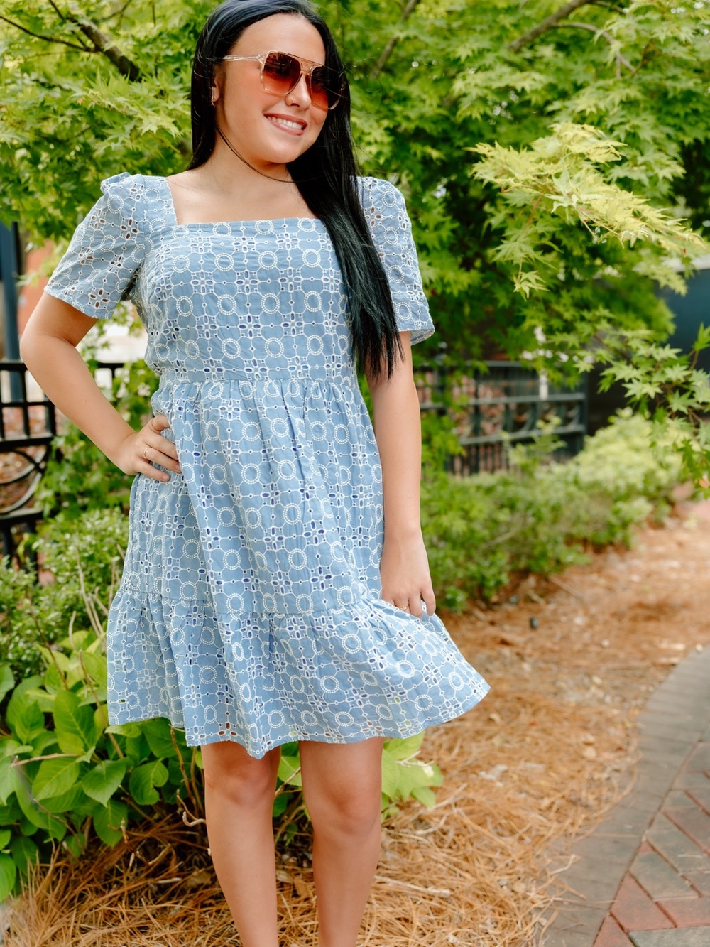 Light Blue Eyelet Square-Neck Mini Dress